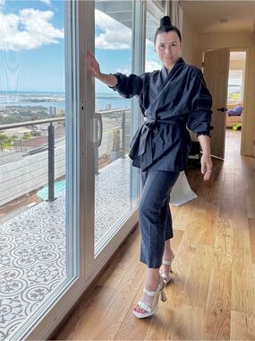 NWOT Nothing Fits But 100% Linen Kimono Style Set | Navy Blue | Size S/M
